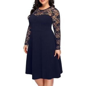 PINUP FASHION Dress Size 22 Navy Blue Midi Swing Long Lace Sleeves‎ NEW